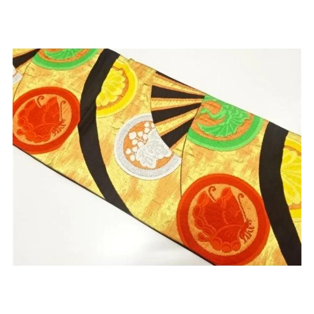 Vintage Silk Fukuro Obi – Fans, Butterflies, Cranes & Flowers