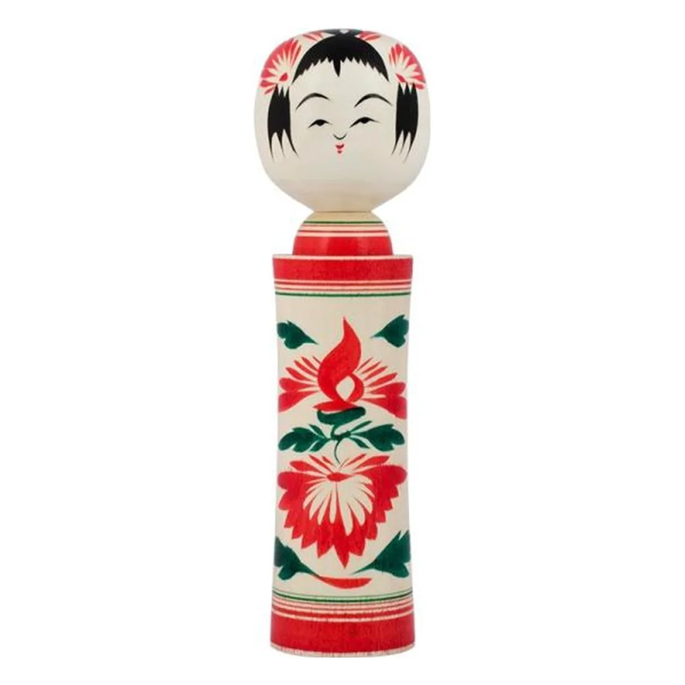 Naruko Traditional Kokeshi by Okazaki Yasuo (Certified Traditional Craftsman), Red or Black Chrysanthemum