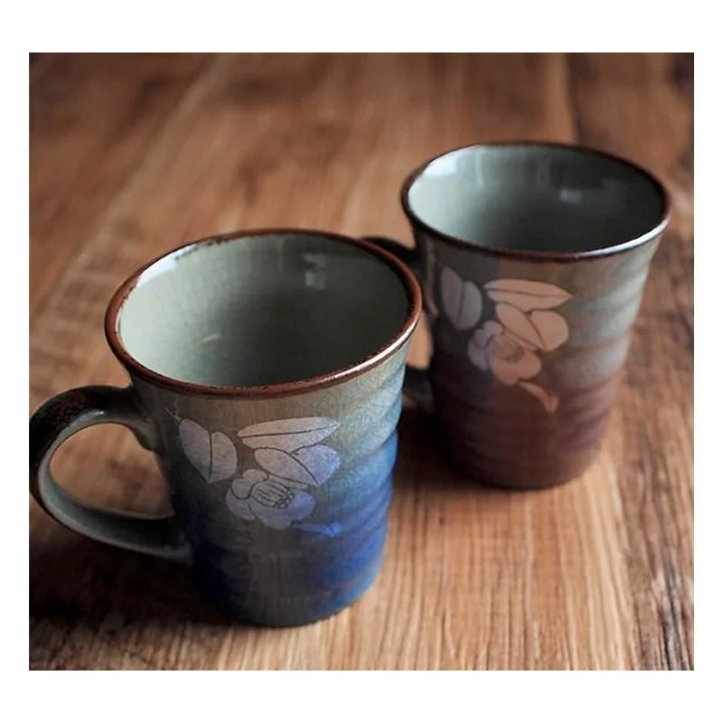 Kutani Ware Pair Mugs, Silver Sasanqua Camellia