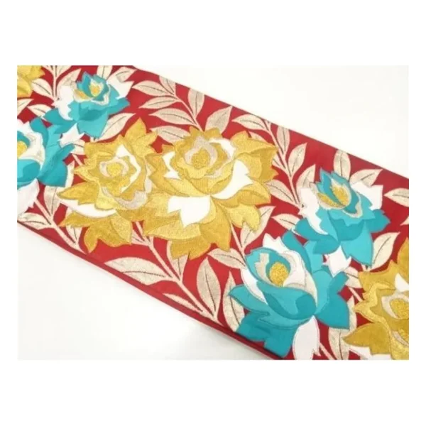 Vintage Silk Fukuro Obi – Roses on Crimson