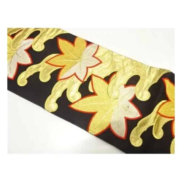 Vintage Silk Fukuro Obi – Maple Leaves on Rough Waves