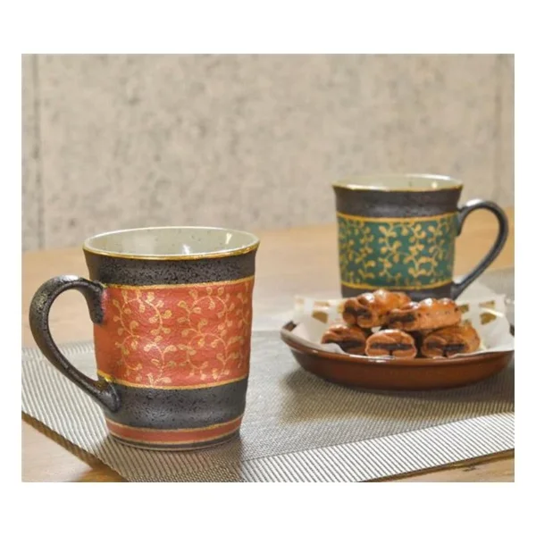 Kutani Ware Pair Mugs, Gold Arabesque (Kin Karakusa)