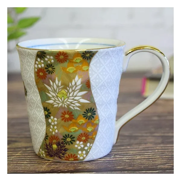 Kutani Ware Mug, Shippo Gold Flower Mosaic (Kinka-zume)