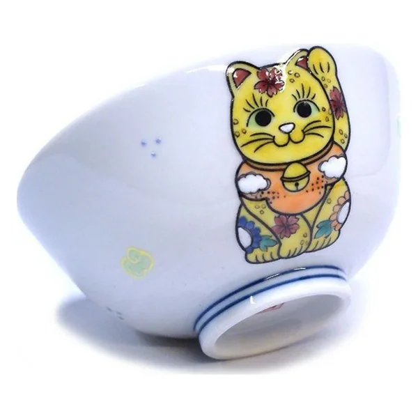 Kutani Ware Maneki-neko Rice Bowl (Lucky Cat)