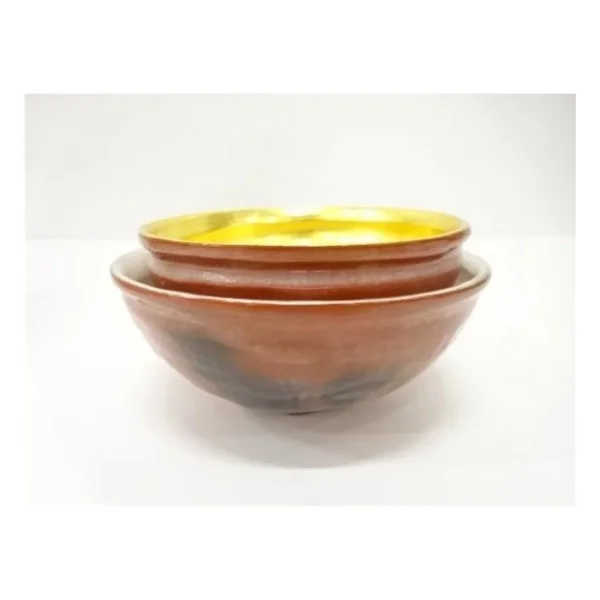 Red Raku Shimadai Tea Bowls, Nested Pair with Gold & Silver Interiors, by Sasaki Shoraku (松楽)